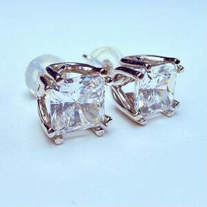 14K Solid White Gold 2 CT Solitaire Cubic Zirconia CZ Princess Cut Stud Earrings